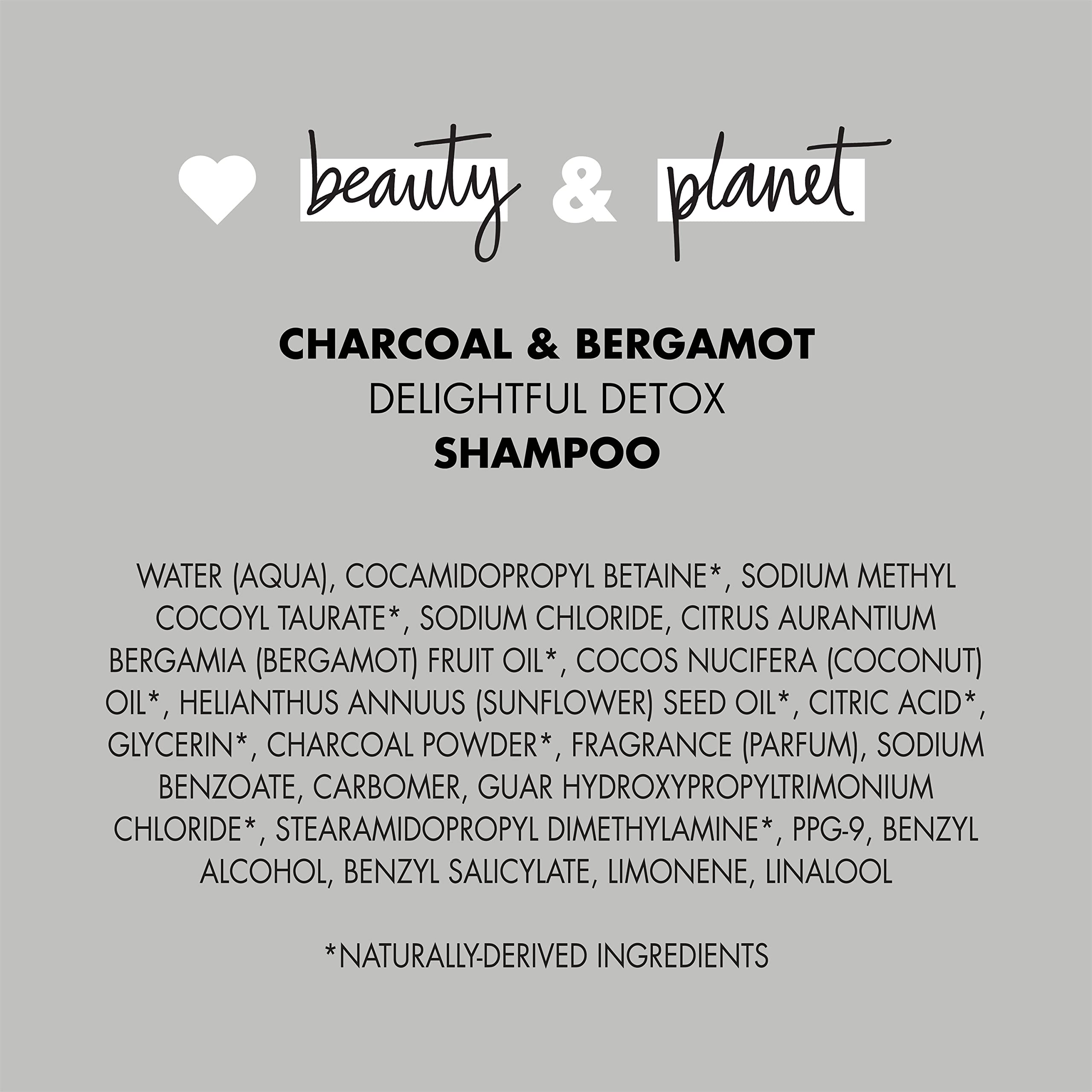 Love Beauty and Planet Delightful Detox Daily Clarifying Sulfate-Free Shampoo Charcoal and Bergamot Cleansed Hair Care Silicone-free, Paraben-free, Vegan Shampoo 32.3 oz