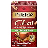 Twinings Decaffeinated Chai Individually Wrapped Black Tea Bags, 20 Count (Pack of 6), Sweet, Savoury Spices