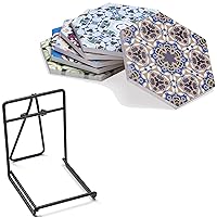 Absorbent Coaster Set with Holder Bundle - 6 Pack Hexagonal Moroccan Mosaic Coasters Plus 1 Vertical Stand for Display & Storage