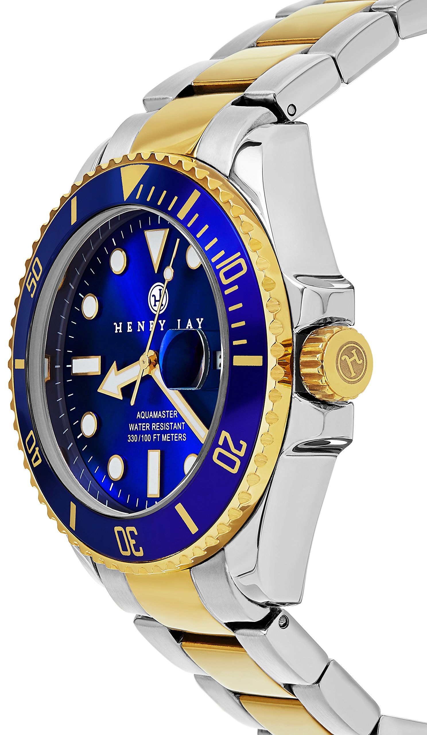 Henry Jay Mens 23K Gold Plated Two Tone Stainless Steel Specialty Aquamaster Professional Dive Watch with Date
