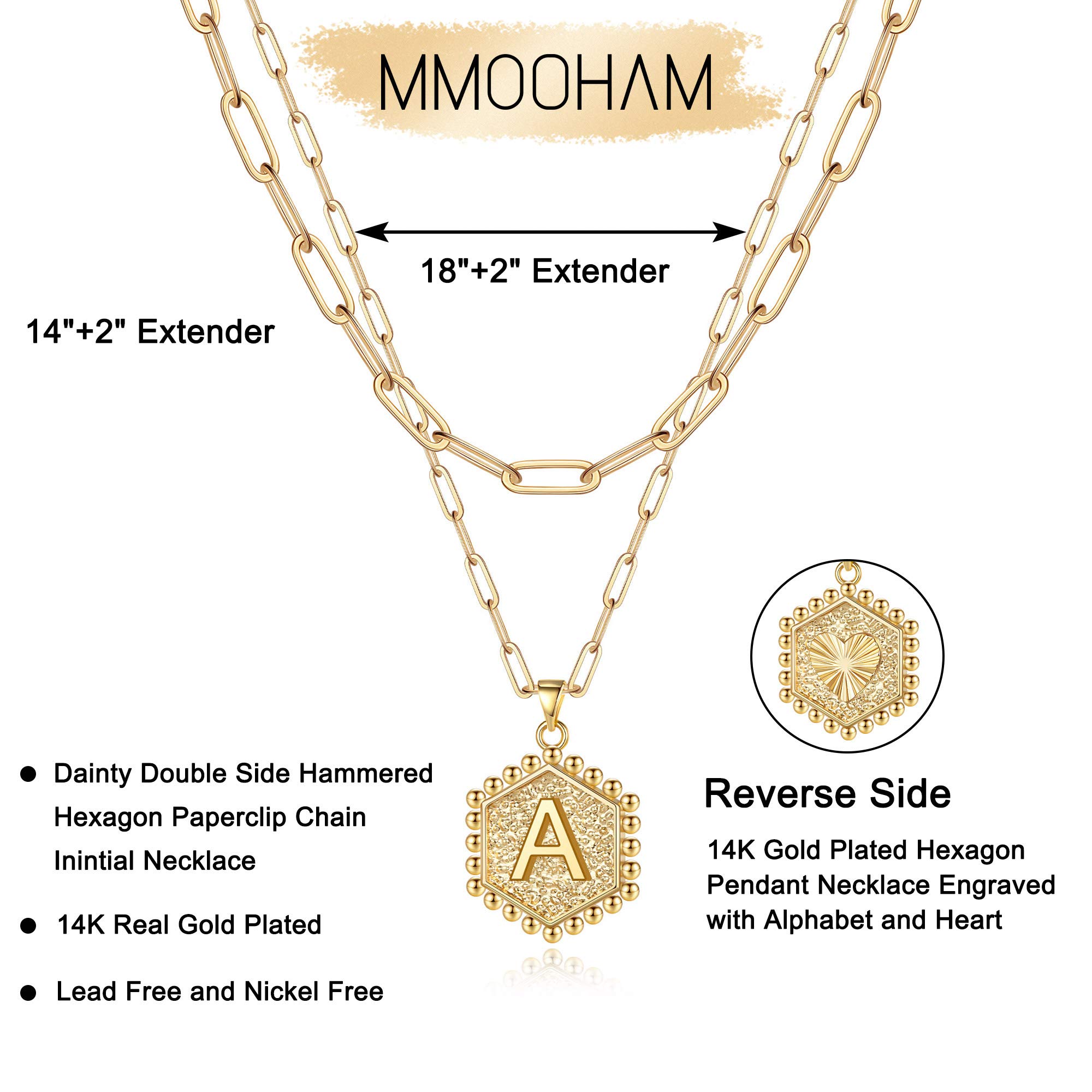 M MOOHAM Dainty Layered Initial Necklaces for Women Trendy, 14K Real Gold Plated Paperclip Chain Necklace Cute Hexagon Letter Pendant Initial Choker Necklace Gold Layered Necklaces for Women
