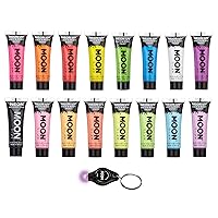 Neon Blacklight UV Face & Body Paint - 0.42oz Set of 16 - includes 7x Intense and 7x Pastel colours plus White and Black. Blacklight Keyring also included!