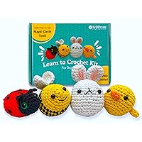 Learn to Crochet Kit for Beginner Adults with Magic Circle Tool; Step-by-Step Video Tutorials; Crochet Supplies to Make 4 Cute Amigurumi Animals; Crochet Bee, Chick, Bunny and Ladybug; Pattern Cards
