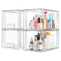 Vtopmart 4 Pack Large Stackable Storage Drawers,Clear Acrylic Drawer Organizers with Handles, Easily Assemble for Bathroom,Kitchen Undersink,Cabinet,Closet,Makeup,Pantry organization and Storage