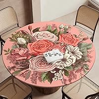 Round Fitted Tablecloth Waterproof Table Cloth with Elastic Edge Design Rose Bouquet Art Table Covers Vinyl Tablecloths for Picnic Wipeable Table Cloth for Indoor Outdoor