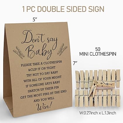 Kraft Paper Don't Say Baby Clothespin Games Sign(1 Sign + 50 Mini Clothespins), Baby Shower Games, Baby Shower Decoration, Gender Neutral Baby Shower-(3A)