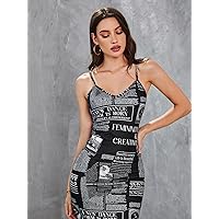 Fall Dresses for Women 2023 Newspaper Print Bodycon Dress Dresses for Women (Color : Black, Size : X-Large)