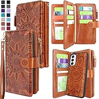 Harryshell Detachable Magnetic Case Zipper Wallet Leather Phone Cover with Cash Coin Pocket 12 Card Slots Holder Wrist Strap Lanyard for Samsung Galaxy A14 5G 2023 (Flower Brown)