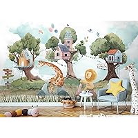 Kids Wallpaper Cute Forest Animals with Treehouse Wall Mural