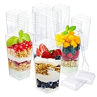 100 Pack - 3 oz dessert cups with Lids & Spoons - square dessert cups with lids 3 oz - Individual dessert cups with lids - small dessert cups with lids