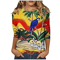 Hawaiian top Women's Fashion Leaf Flower Printing Halgrome Shirts Realty 3/4 Sleeve Shirt