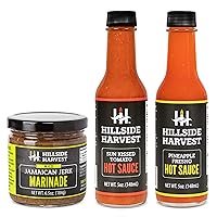 Hillside Harvest Hot Sauce Low Heat Bundle | 3-in-1 Gourmet All Natural Mild Jamaican Jerk Sauce, Pineapple Fresno & Sun Kissed Tomato Hot Sauce Pack | Ideal Sauce For Any Occasions and Daily Cooking