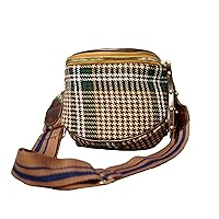 Cossbody Leather Bum Belt Belly Bag, Sling Waist Pack, Plaid Wool fabric, Small (Brown/Green)