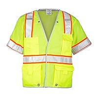 Unisex High Visibility Reflective Premium Brilliant Series Breakaway Class 3 Vest 1552B, Hook and Loop Closure, Polyester, ANSI 107 Type R / Class 3, Traffic Control, Emergency (Lime, 5X)