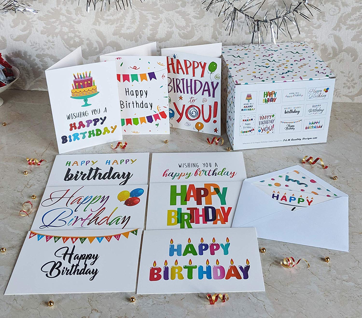 100 Happy Birthday Cards Bulk, Large 5x7 Inch Assorted, with Envelopes ,Stickers and Simple Greetings Inside , 10 Unique Designs, Thick Card Stock Box Set
