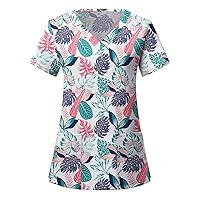 Scrubs for Women Trendy Floral Printed Short Sleeve V-Neck Pullover Tops Ladies Work Uniform T-Shirt with Pockets