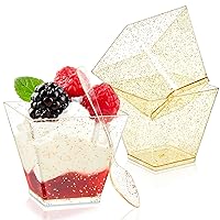 Qeirudu 2 oz Mini Dessert Cups with Spoons - 100 Pack Gold Glitter Shooter Cups for Dessert Small Square Serving Cups for Party Individual Banana Pudding Appetizers Parfait