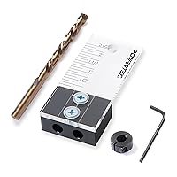 POWERTEC 71716 Dowel Drilling Jig with laser cut witness mark, included depth scale, Cobalt M-35 Drill Bit and Split Ring Stop Collar, 3/8-Inch