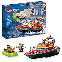 LEGO City Fire Rescue Boat 60373, Toy Floats on Water, with Jetpack, Dinghy and 3 Minifigures, Everyday Hero Toys for Kids, Boys and Girls Ages 5+, Multicolor
