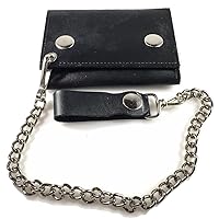 Mens 4-Pocket Genuine Leather Motorcycle/BikerTrifold Wallet with Chain