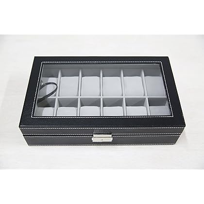 Sodynee WBPU12-03 Watch Dislpay Box Organizer, Pu Leather with Glass Top, Large, Black