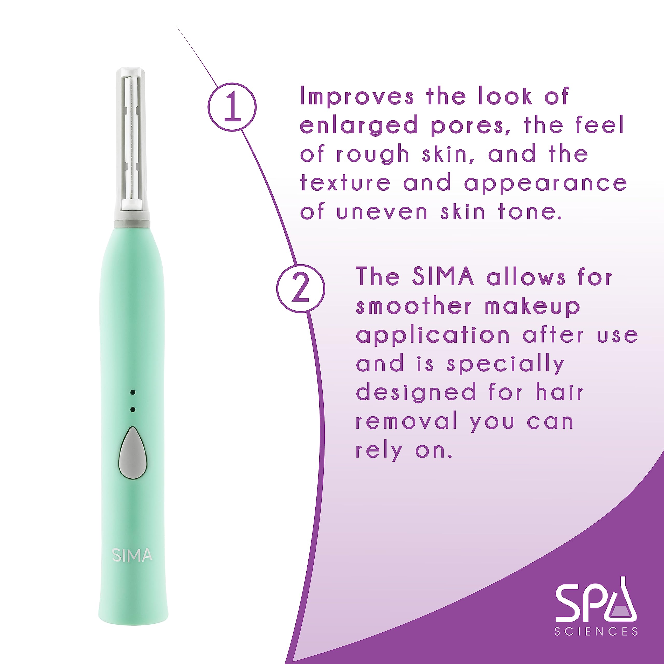 SPA SCIENCES - SIMA Dermaplaning Tool - Patented Painless 2 in 1 Facial Exfoliation & Peach Fuzz-Hair Removal System w/ 7 Weeks Treatment Included - Anti-Aging – 3 Speeds - Rechargeable