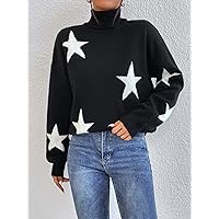 Women's Sweater Women's Sweater Star Pattern Turtleneck Drop Shoulder Sweater Women's Sweater (Color : Black, Size : Medium)