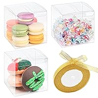 Ohuimrt 45 Pack Clear Favor Boxes 4 x 4 x 4 Inches, Transparent Plastic Gift Boxes with Gold Ribbon Party Favor Boxes for Treats, Cupcakes, Candies, Chocolates