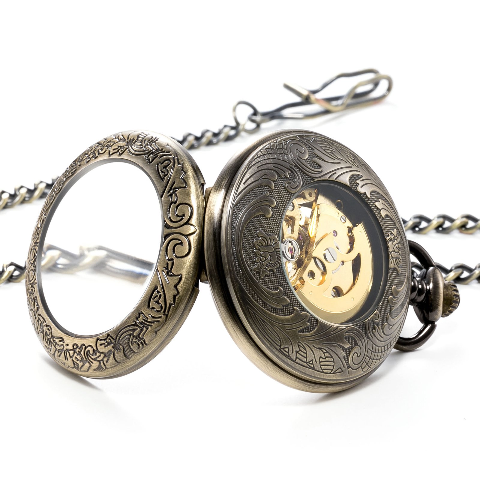 TREEWETO Automatic Mechanical Pocket Watch Magnifier Case Steampunk Skeleton Roman Numerals Dial for Men Women Bronze