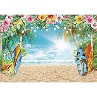 8x6FT Polyester Fabric Summer Hawaiian Beach Backdrop Sky Ocean Tropical Flower Palm Leaves Surfboard Photography Background for Luau Aloha Party Decoration Banner Picture Photo Booth