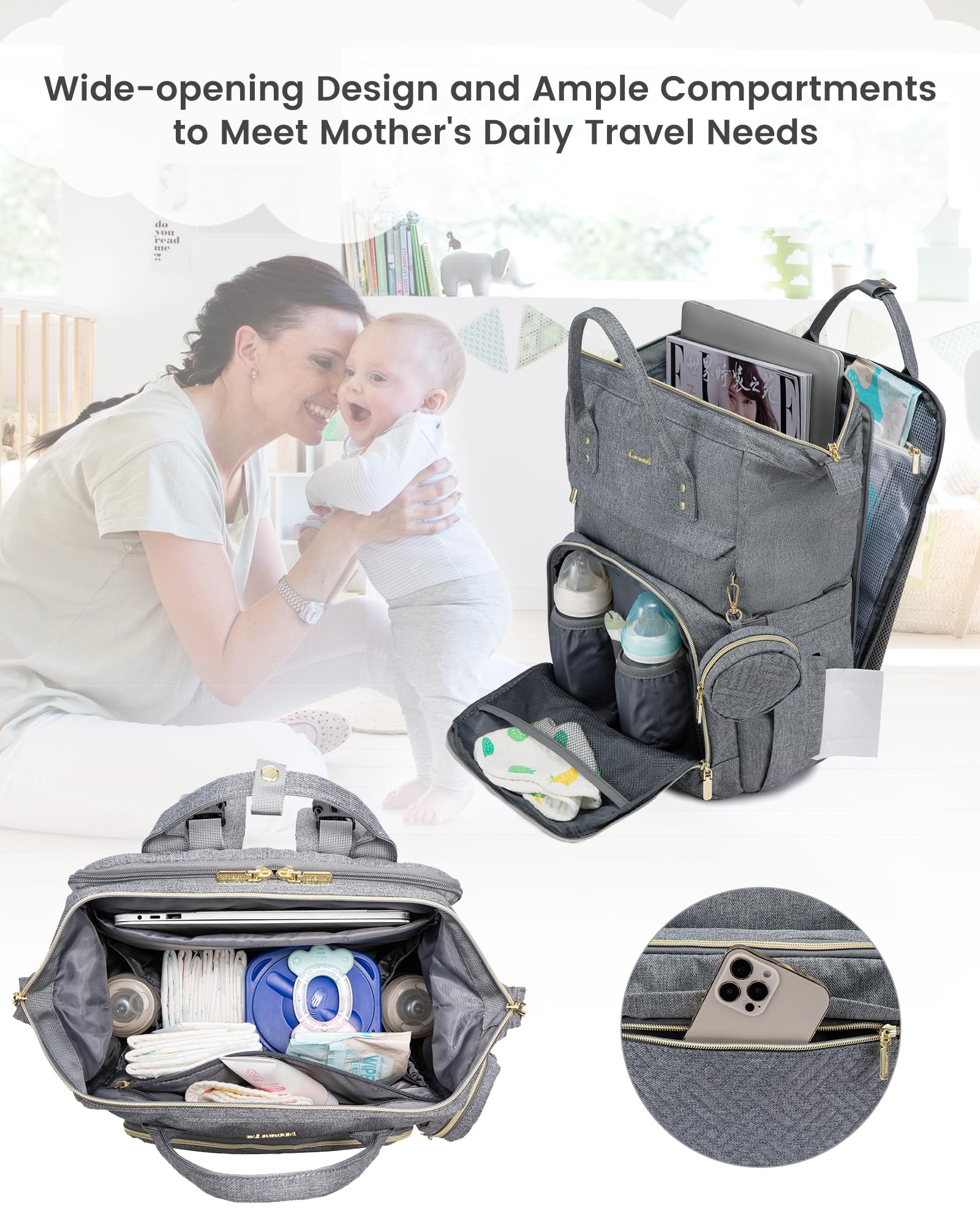 LOVEVOOK Diaper Bag Backpack, Multi functions Baby Bags with Diaper Compartments, Large Nappy Bag with Changing Pad & Pacifier Case, Unisex Travel Diaper Back Pack, Waterproof & Stylish, Grey
