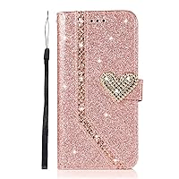 Guppy Compatible with iPhone 13 Pro Max Glitter Wallet Case for Women Girls Luxury Bling Diamond Rhinestone Heart with 2 Card Holder Wrist Strap PU Leather Slots Protective Cover 6.7 inch Rose Gold