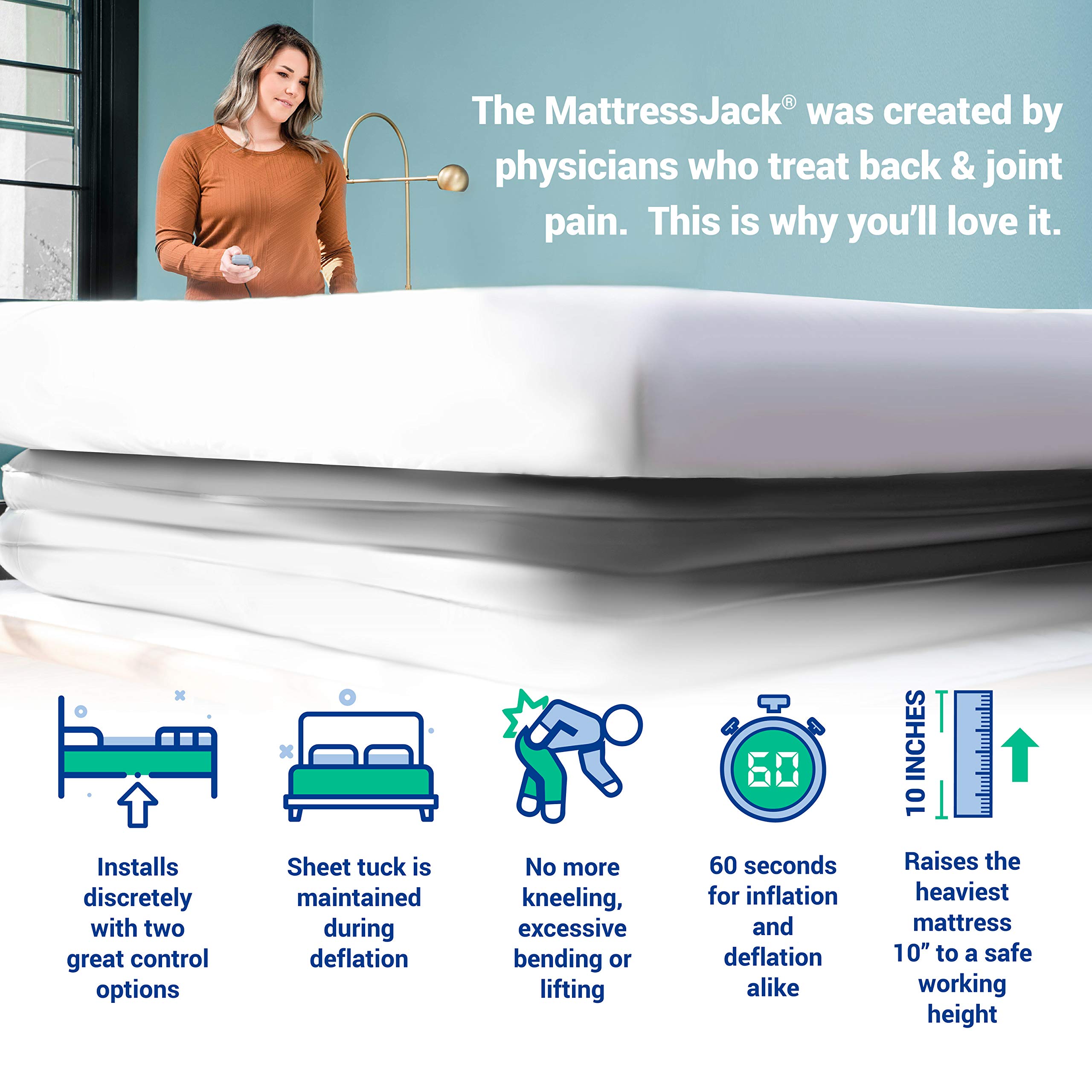 Mattress Jack Mattress Elevator - Easy Use Lifter for Sheet Tucking & Bed Making - Ergonomic Mobility & Daily Living Aid for Elderly, with Inflatable Ring, Air Pump, & Controller, Queen