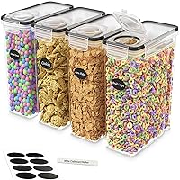 DWËLLZA KITCHEN Cereal Containers Storage - 4 Pack Cereal Dispenser Airtight Food Storage Containers BPA-Free Pantry Organization and Storage, Canister for Flour & Sugar 1 Marker 8 Labels (135.2oz)