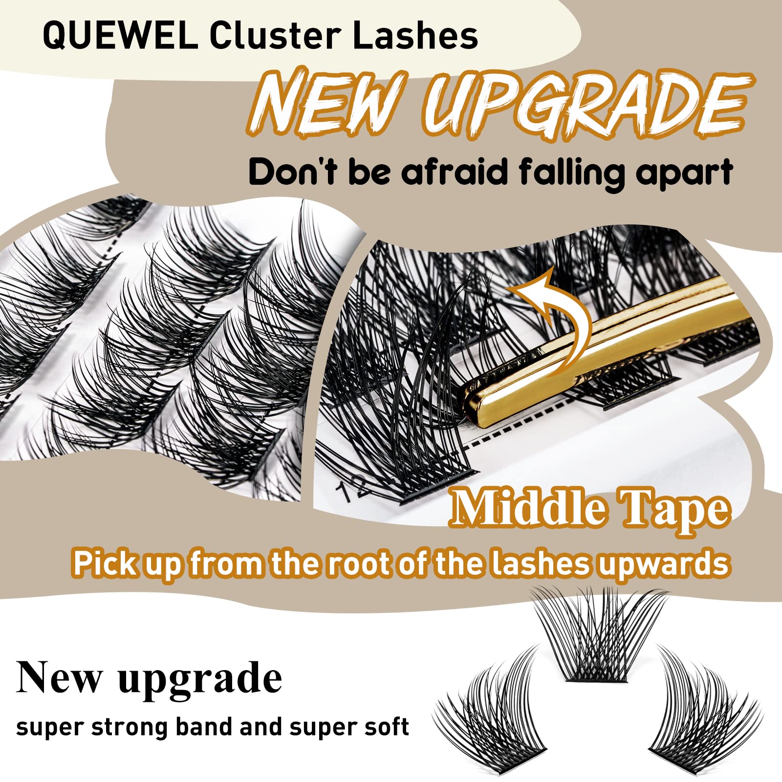 QUEWEL Cluster Lashes 72 Pcs Wide Stem Individual Lashes C/D Curl 8-16mm Length + Lash Bond And Seal, Lash Cluster Glue For DIY Eyelash Extensions