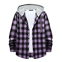 Mens Plaid Button Shirts Jacket With Hood Casual Stylish Drawstring Sweatshirts Hoodies Coat