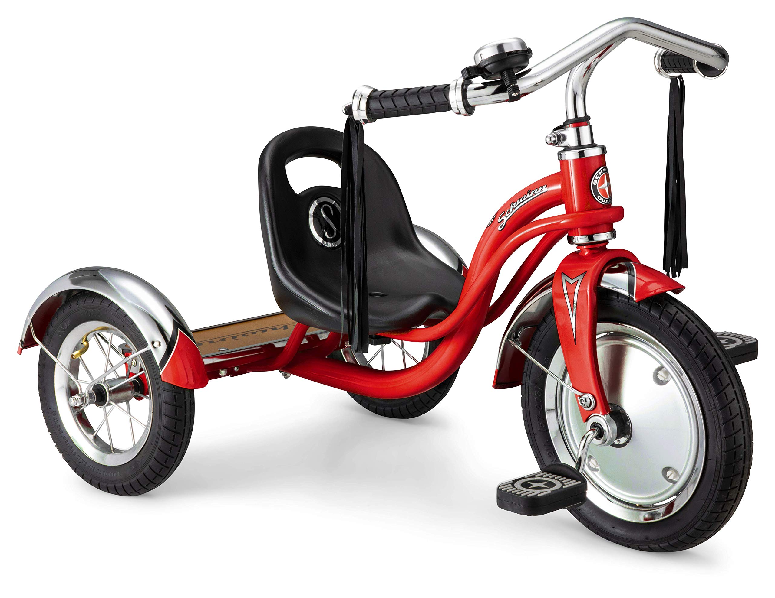 Schwinn Roadster Bike for Toddler, Kids Classic Tricycle, Low Positioned Steel Trike Frame with Bell and Handlebar Tassels, Rear Deck Made of Genuine Wood, for Boys and Girls Ages 2-4 Year Old, Red