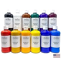 milo Acrylic Paint Set of 12 Colors | 16 oz Bottles | Student Primary Colors Acrylics Painting Pack | Made in the USA | Non-Toxic Art & Craft Paints for Artists, Kids, & Hobby Painters