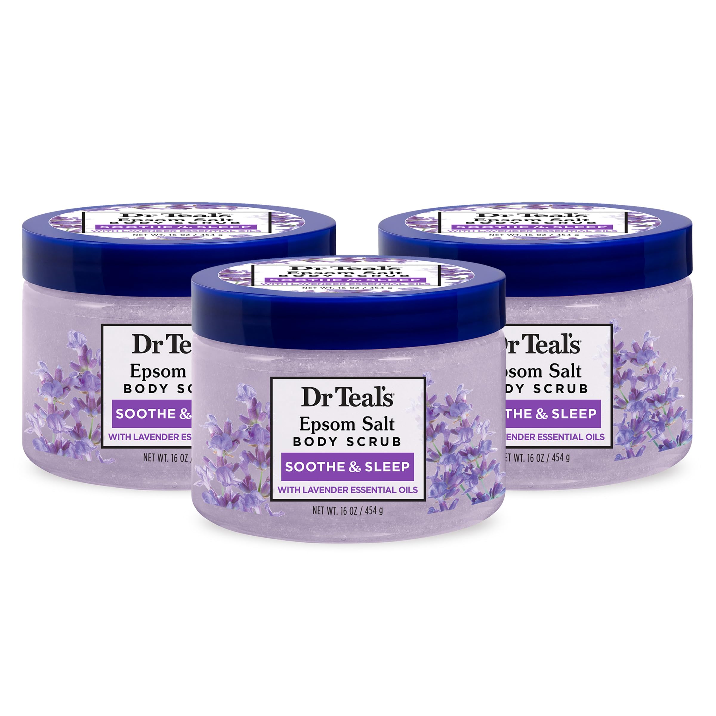 Dr Teal's Pure Epsom Salt Body Scrub, Soothe & Sleep with Lavender Essential Oils, 16 oz (Pack of 3) (Packaging May Vary)