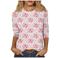 3/4 Sleeve Blouse Womens Fashion Round Neck Summer Tunic Trendy 2024 Print Tee Loose Ladies Dressy Tshirt