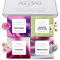Age of Sage - Handcrafted Artisan Soap Gift Set for Women - 4 Luxurious Bars Infused with Essential Oils, Featuring Enchanting Damsel Fragrances of Hydrangea, Jasmine Lime, Plumeria, and Wild Passion
