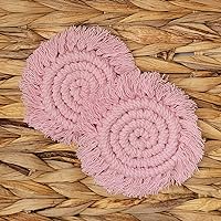 Mini Macrame 100% Cotton Car Coasters Handmade in India - Set of 2 Elegant and Absorbent 3-inch Round Woven Boho Coaster Set with Fringe Tassels for Cup Holders (Pink)
