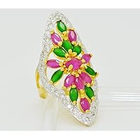 24k Yellow Gold Plated CZ Emerald Ruby AAA Flower Solitaire Ring Wedding Engage 5 mm comfort fit size 7