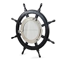 Nagina International Premium Matte Black Ship Wheel | Aluminum Porthole Mirror | Captain Maritime Beach Home Decor Gift (36 Inches)