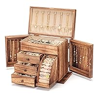Jewelry Box Organizer, Solid Wood Jewelry Boxes for Women for Storage & Display Necklace Ring Earring Bracelet, Rustic Style Jewelry Organizer Box for Women Gifts (Carbonized Brown)