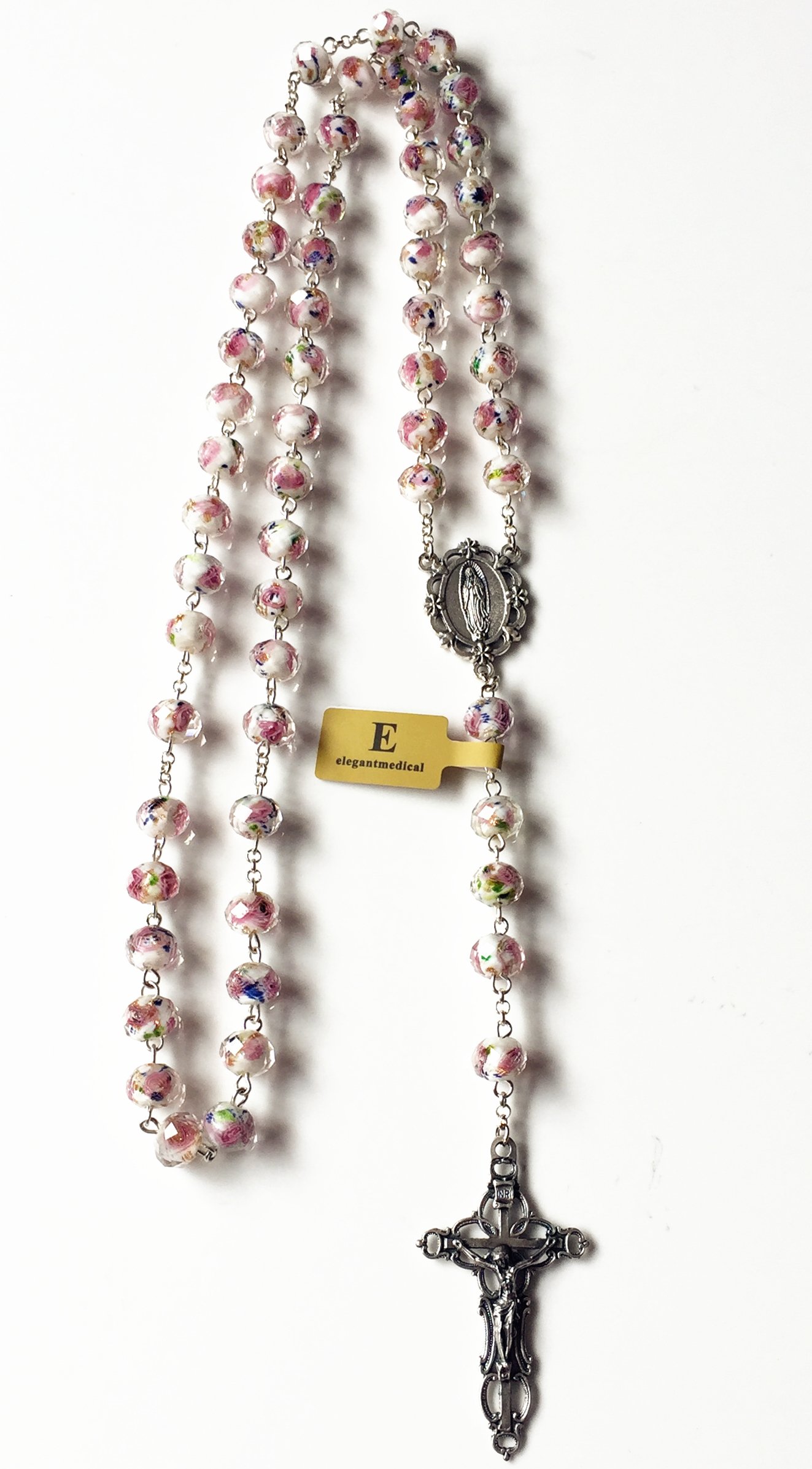 elegantmedical Handmade ROSE PINK Veluriyam BEADS GUADALUPE ROSARY & ITALY CROSS Catholic necklace