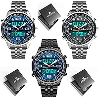 VIGOROSO Men's Black and Blue LED Analog Digital Watch+ Men's Silver and Blue LED Analog Digital Watch+Men's Silver and Black LED Analog Digital Watch