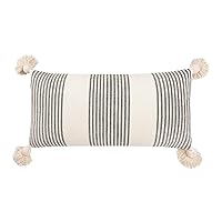 Creative Co-Op Cotton & Chenille Vertical Grey Stripes, Tassels & Solid Cream Back Pillows, 1 Count (Pack of 1)