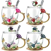 Nuanchu 4 Sets Flower Tea Cups with Lids Butterfly Vintage Glass Coffee Mugs with Spoon Fancy Tea Cups Clear Flower Teacup Graduation Mother's Day Mom Wife Girlfriend Gift(11 Oz)