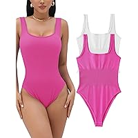 2 Piece Bodysuit for Women Ribbed Sleeveless Tank Tops Square Neck Sexy Stretchy Bodycon Jumpsuit